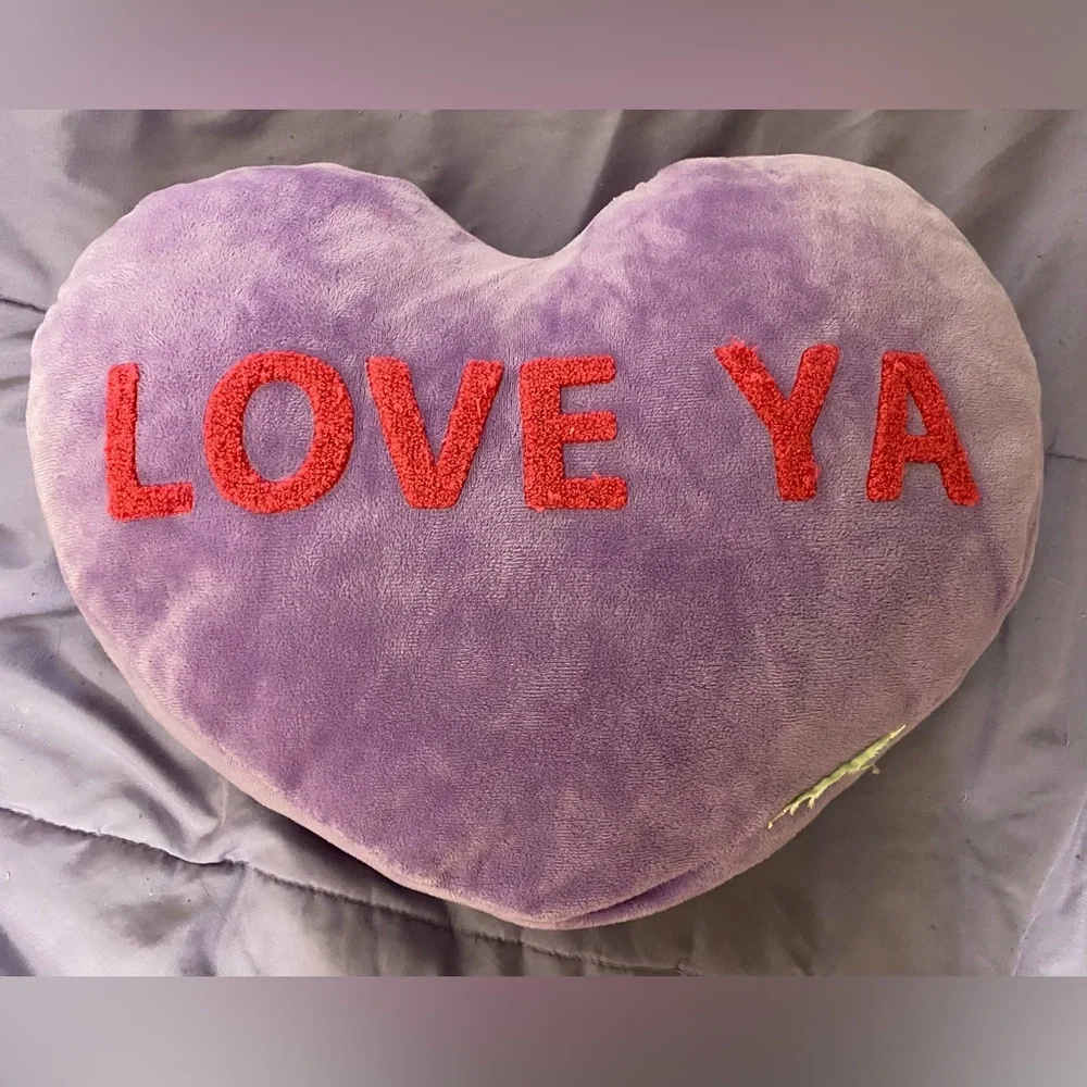 Purple valentines conversation Heart Pillow with pink 'Love Ya' Text